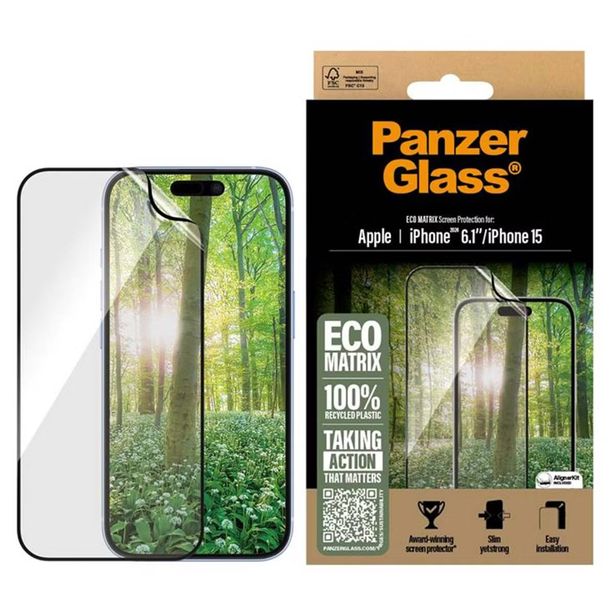 PanzerGlass Matrix Recycled Ultra-Wide Fit Anti-Bacterial Screenprotector incl. applicator for Apple iPhone 16
