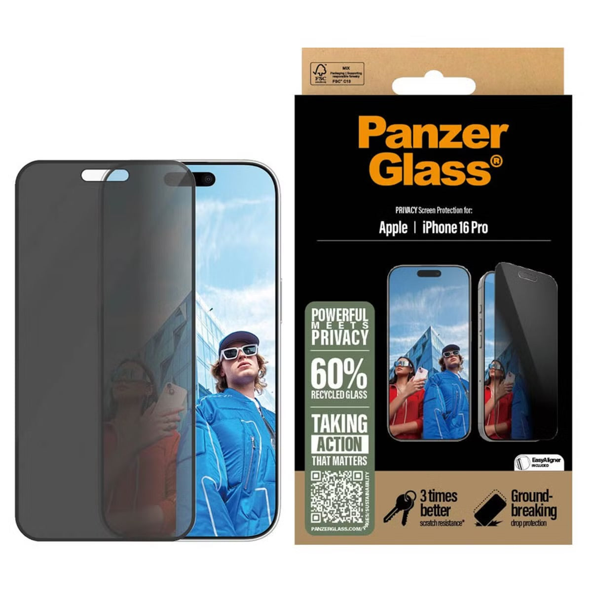 PanzerGlass Privacy Ultra-Wide Fit Anti-Bacterial Screenprotector incl. applicator for Apple iPhone 16 Pro