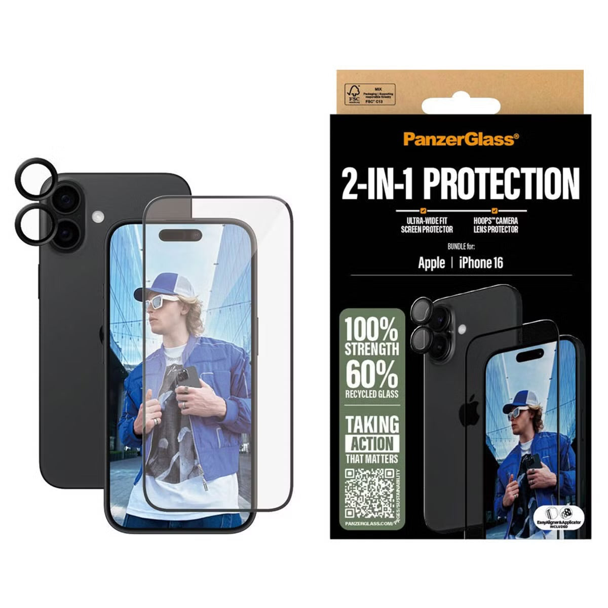 PanzerGlass 2 in 1 pack - Ultra-Wide Fit Anti-Bacterial Screenprotector incl. applicator + Camera Protector for Apple iPhone 16