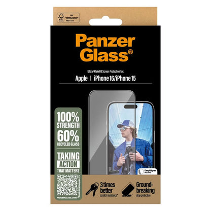 PanzerGlass Ultra-Wide Fit Anti-Bacterial Screenprotector for Apple iPhone 16