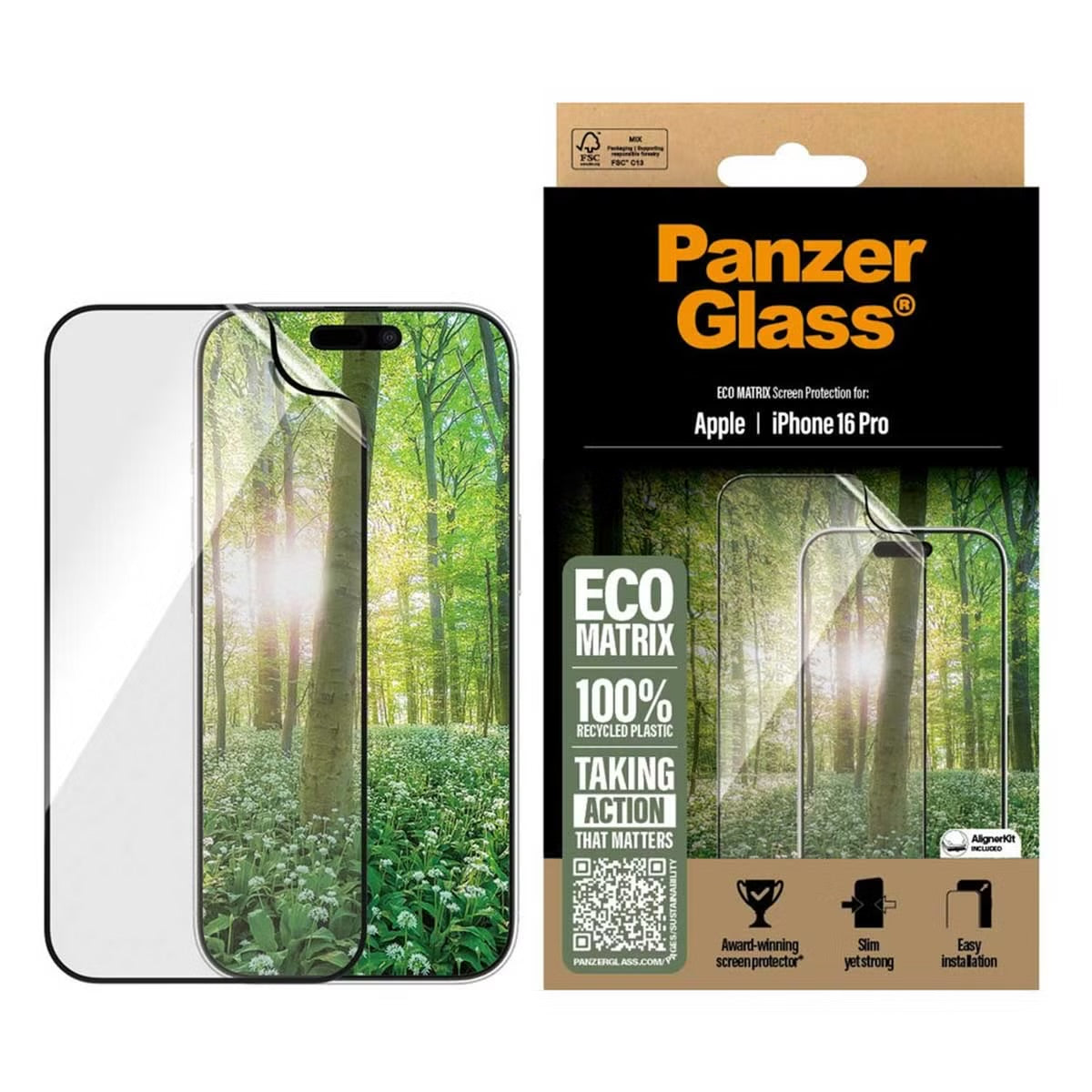 PanzerGlass Matrix Recycled Ultra-Wide Fit Anti-Bacterial Screenprotector incl. applicator for Apple iPhone 16 Pro