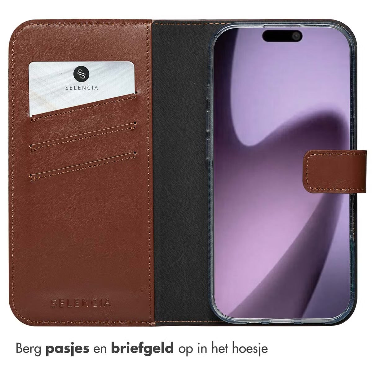 Selencia Echt Leren Bookcase for Apple iPhone 17 - Lichtbruin 