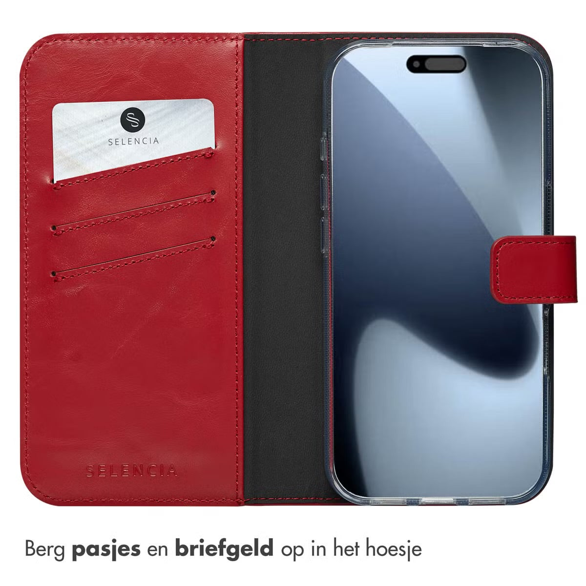 Selencia Echt Leren Bookcase for Apple iPhone 17 Pro - Rood