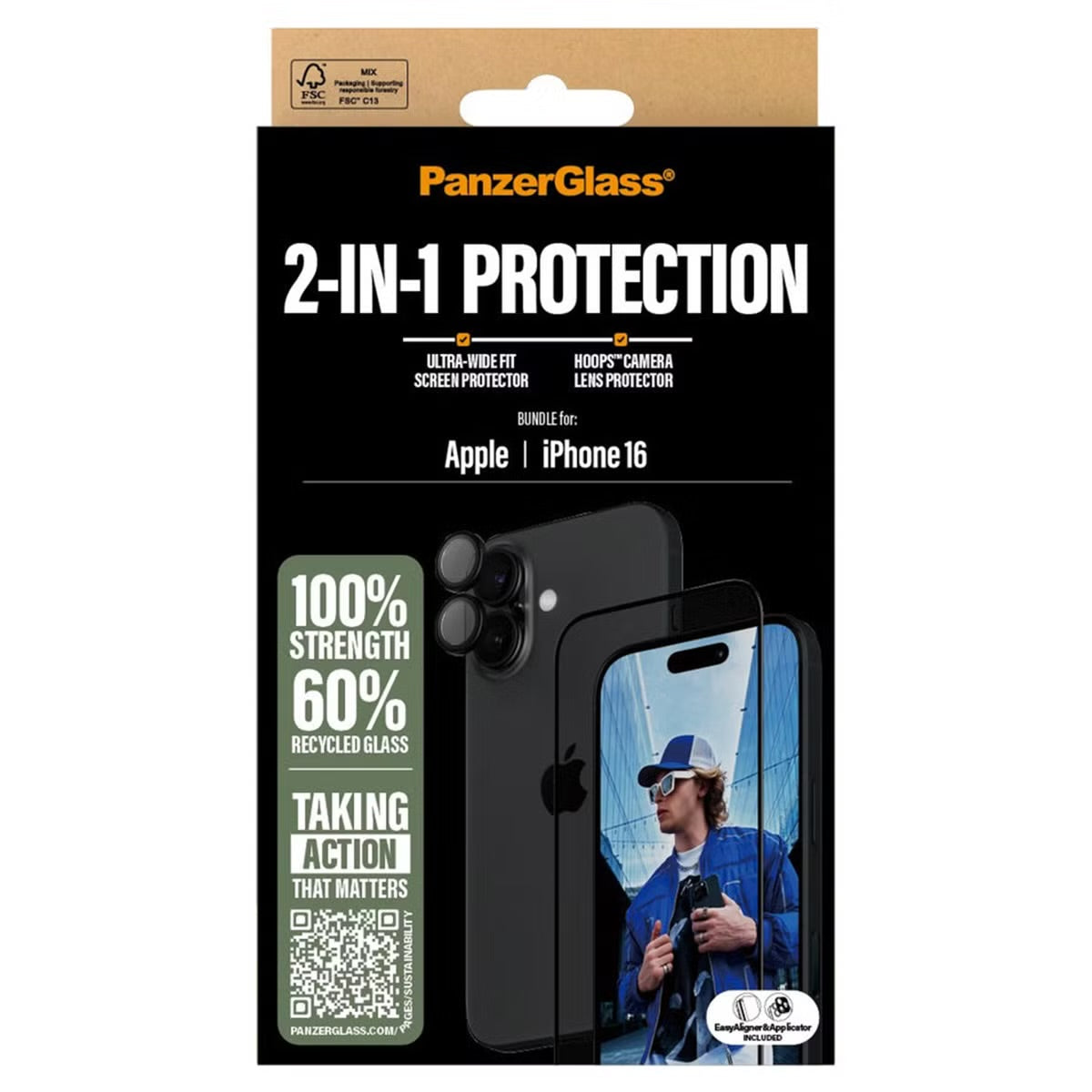PanzerGlass 2 in 1 pack - Ultra-Wide Fit Anti-Bacterial Screenprotector incl. applicator + Camera Protector for Apple iPhone 16