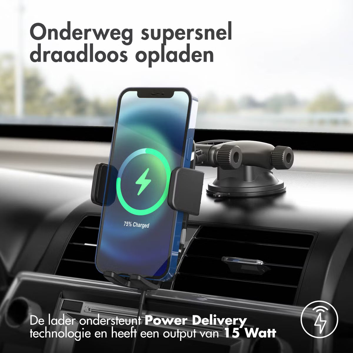 Accezz Telefoonhouder auto - Draadloze oplader - Dashboard en voorruit - Zwart 