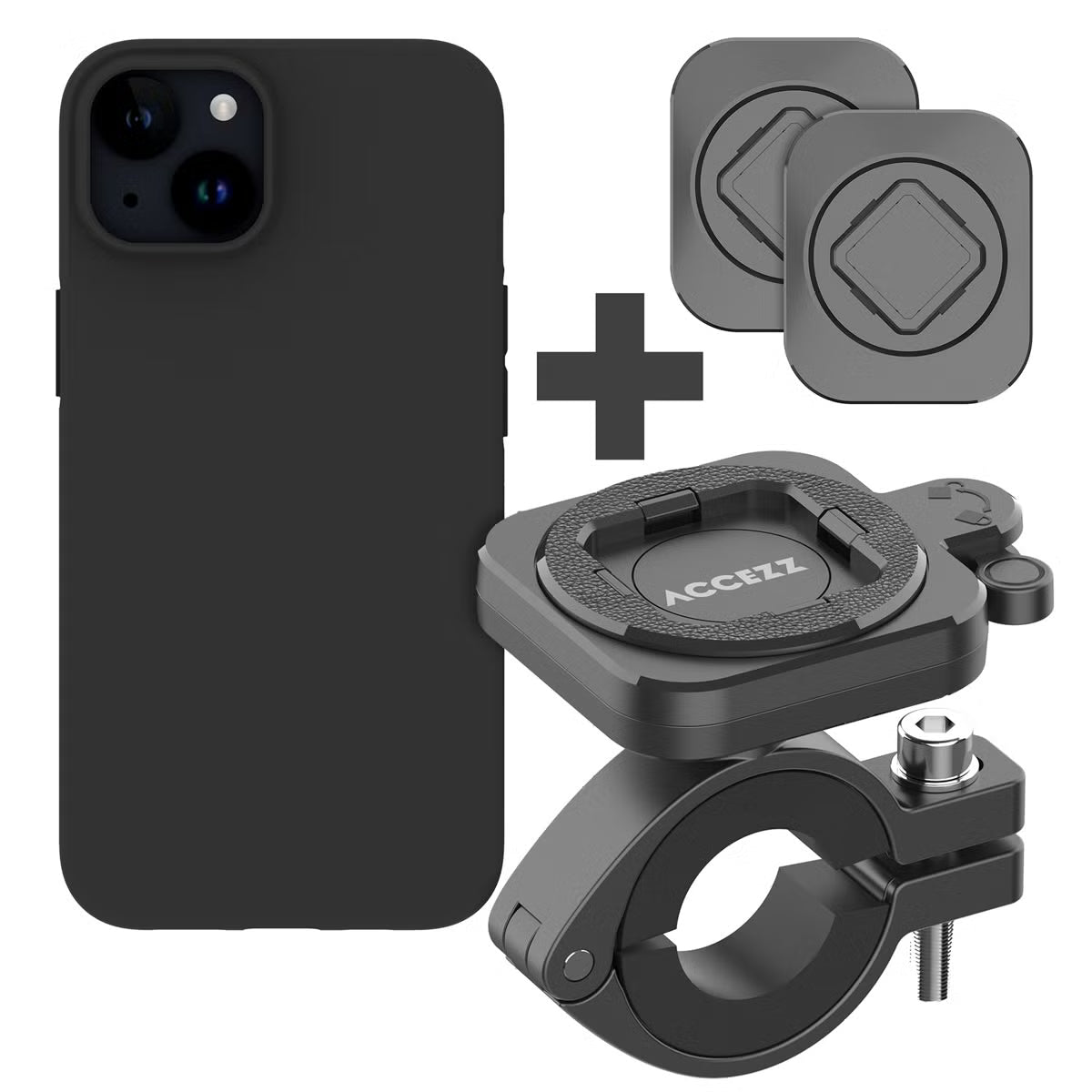 Accezz EasyLock telefoonhouder fiets - inclusief hoesje voor de Apple iPhone 15 - Aluminium - 360 graden draaibaar - Zwart