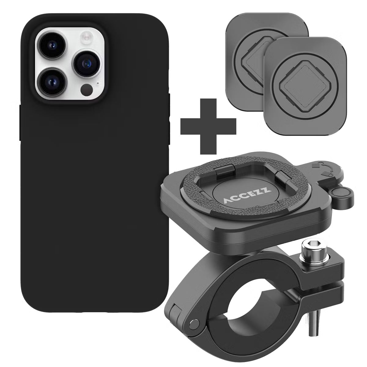 Accezz EasyLock telefoonhouder fiets - inclusief hoesje voor de Apple iPhone 15 Pro - Aluminium - 360 graden draaibaar - Zwart