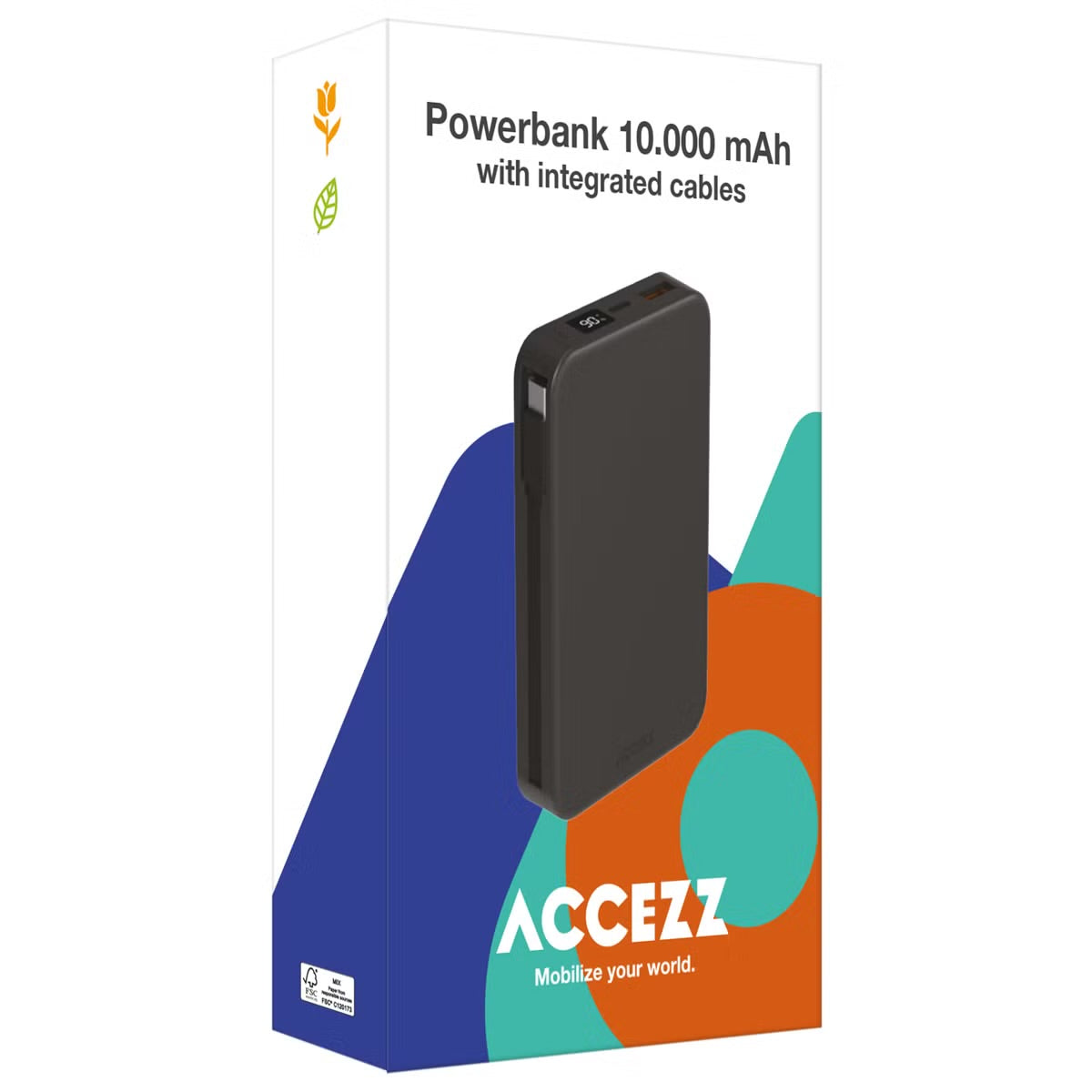 Accezz Powerbank 10,000 mAh with integrated cables - Black