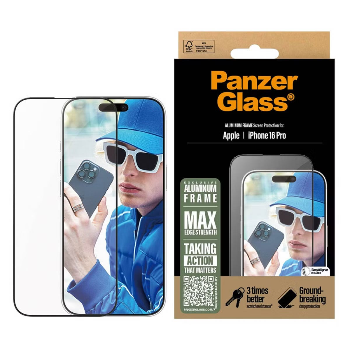 PanzerGlass Screenprotector Aluminum Frame Ultra Wide Fit with applicator for Apple iPhone 16 Pro