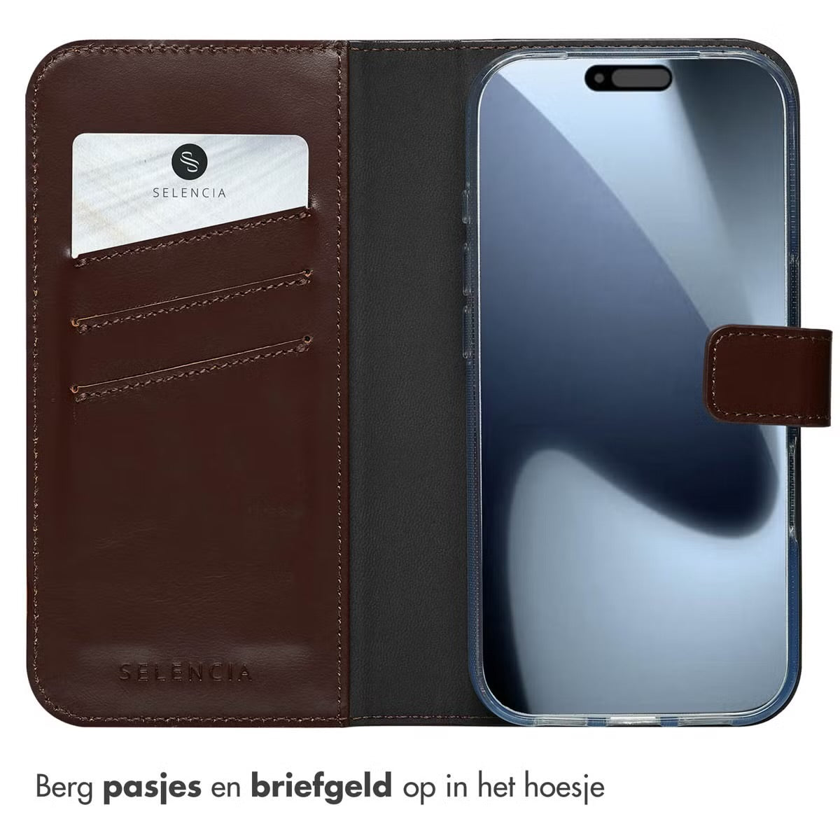 Selencia Echt Leren Bookcase for Apple iPhone 17 Pro - Bruin 