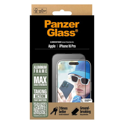 PanzerGlass Screenprotector Aluminum Frame Ultra Wide Fit with applicator for Apple iPhone 16 Pro