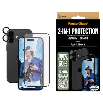 PanzerGlass 2 in 1 pack - Ultra-Wide Fit Anti-Bacterial Screenprotector incl. applicator + Camera Protector for Apple iPhone 16