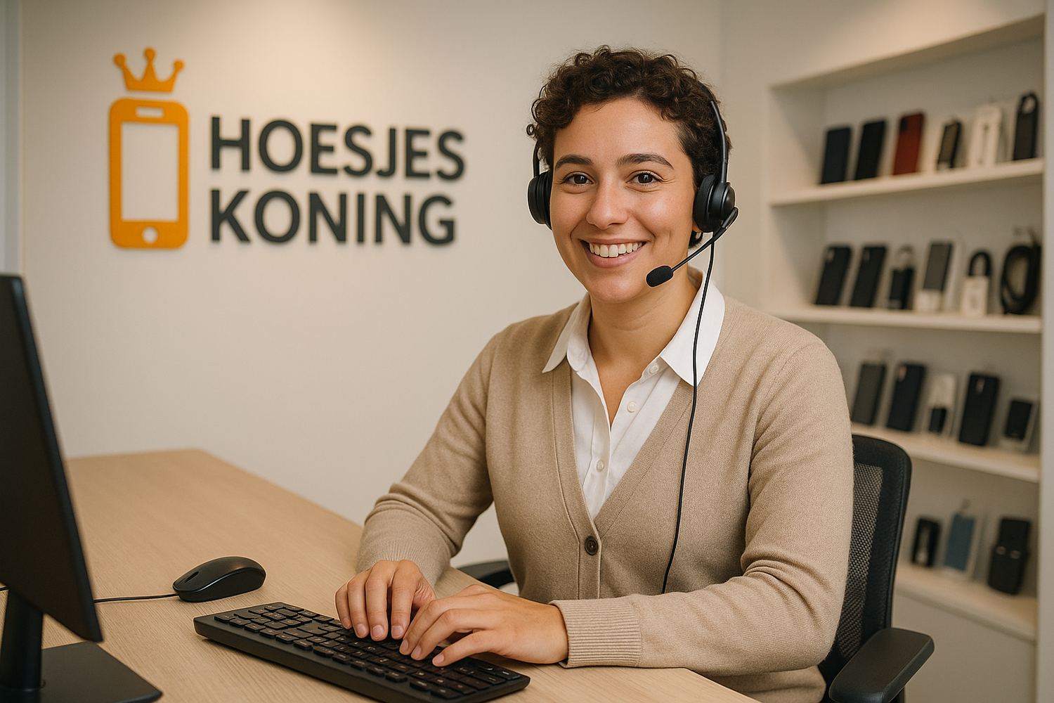 Maak een afbeelding met een klantenservicemedewerker van ons merk hoesjeskoning en gebruik daarvoor ons logo van de shopify store